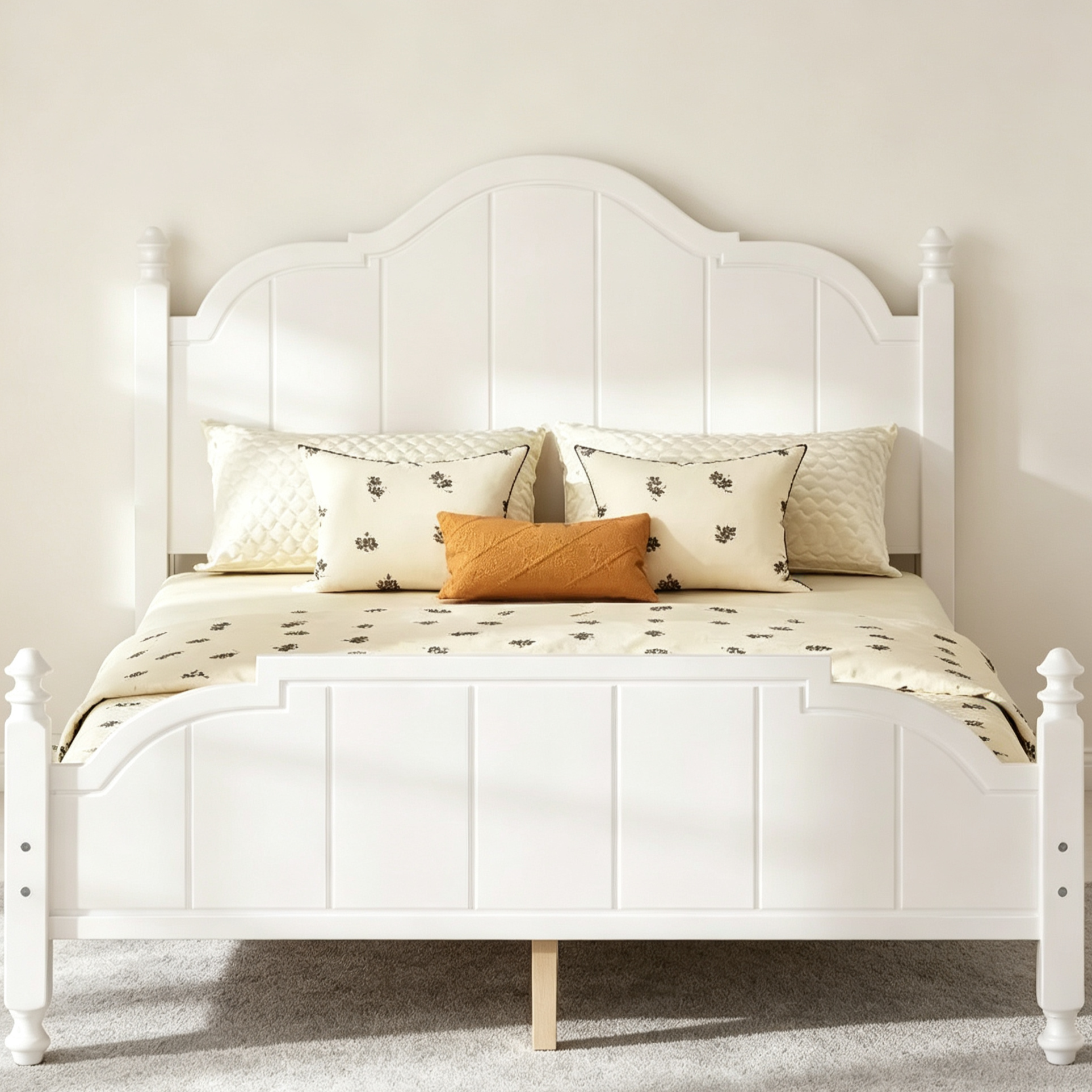 Cadre de lit Queen avec tête de lit, lit plateforme vintage en bois avec support à lattes, blanc