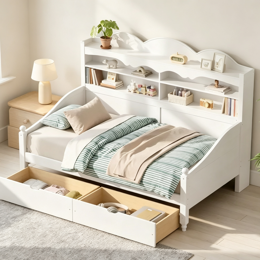 Lit de repos jumeau avec tiroirs de rangement et étagères de tête de lit, cadre de lit de repos en bois, blanc