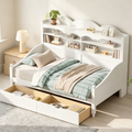 Lit de repos jumeau avec tiroirs de rangement et étagères de tête de lit, cadre de lit de repos en bois, blanc